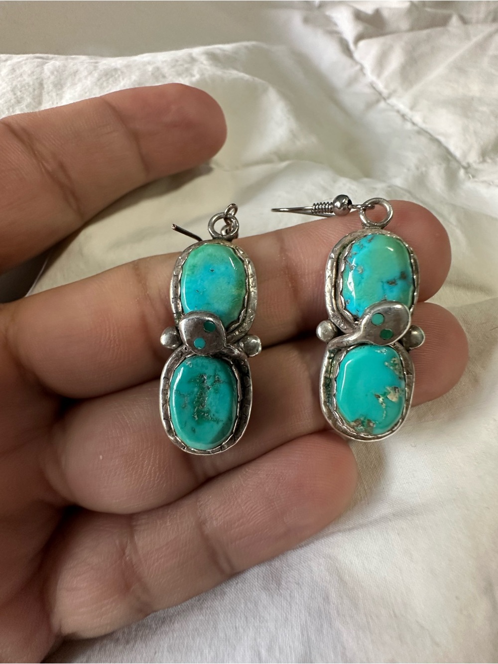 Effie C Zuni Sterling Silver Turquoise Earrings Snake Theme Hooks Signed